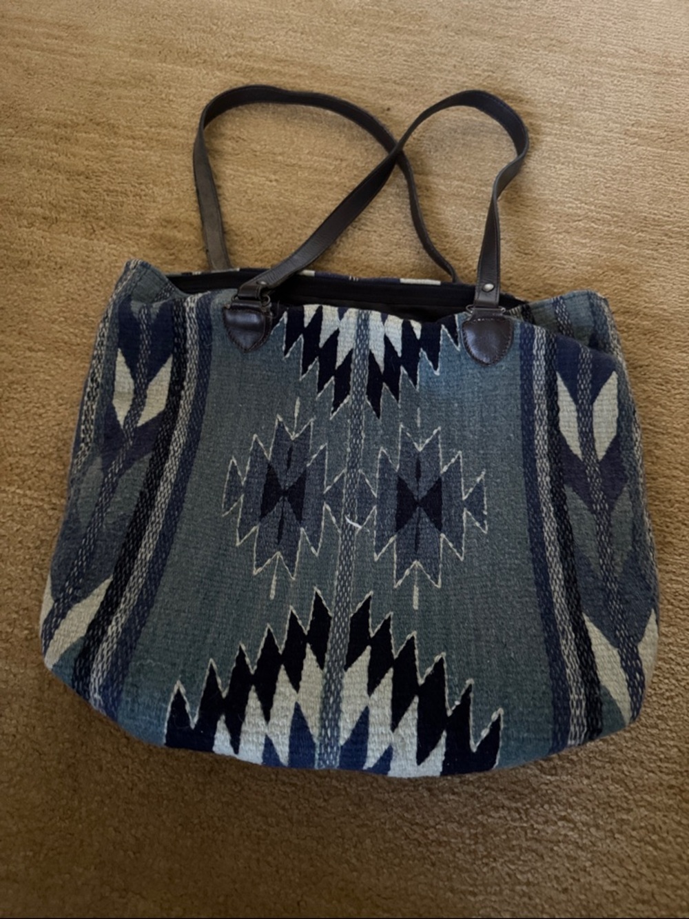 Blue Aztec Woven Tote with Dark Leather Straps